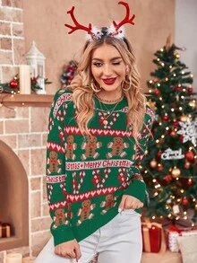 聖誕圖案落肩袖套頭毛衣 - 墨綠色 - 查看 6