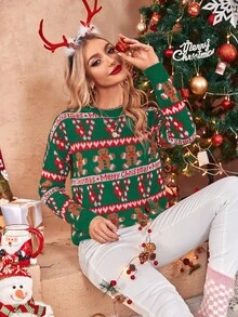 聖誕圖案落肩袖套頭毛衣 - 墨綠色 - 查看 7