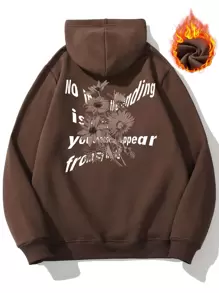 Manfinity Men Slogan & Floral Print Kangaroo Pocket Drawstring Thermal Hoodie - Chocolate Brown - View 1