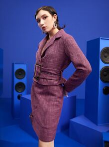 Miss Bos 格紋西裝領扣眼腰帶花呢外套 - 紅木色 - 查看 3