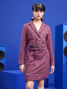 Miss Bos 格紋西裝領扣眼腰帶花呢外套 - 紅木色 - 查看 5