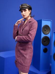 Miss Bos 格紋西裝領扣眼腰帶花呢外套 - 紅木色 - 查看 6