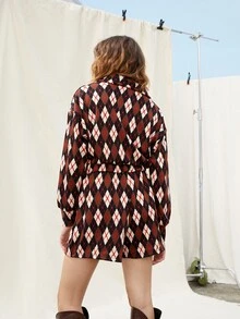 SHEIN Argyle Print Drop Shoulder Tie Front Romper - Multicolor - View 2