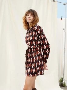 SHEIN Argyle Print Drop Shoulder Tie Front Romper - Multicolor - View 3