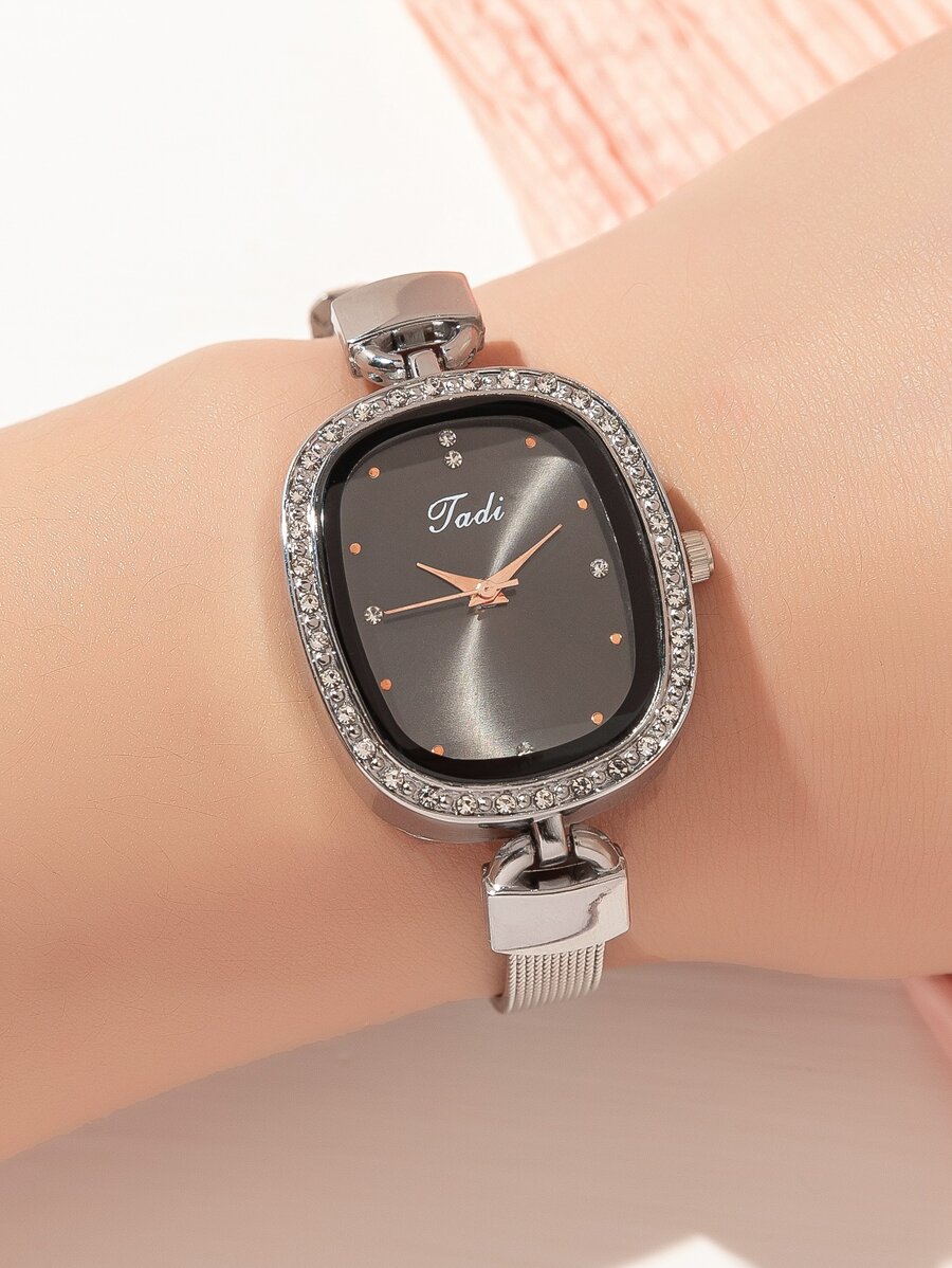 Rhinestone Decor Rectangle Pointer Quartz Watch - Black - View 1