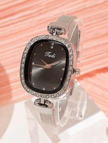 Rhinestone Decor Rectangle Pointer Quartz Watch - Black - View 2