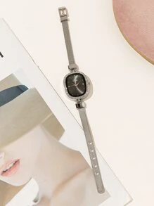 Rhinestone Decor Rectangle Pointer Quartz Watch - Black - View 3