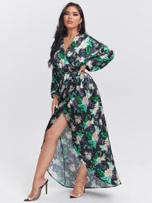 Daniela Castro 熱帶圖案燈籠袖圍裹側打結連衣裙 - 彩色 - 查看 1