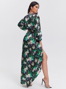 Daniela Castro 熱帶圖案燈籠袖圍裹側打結連衣裙 - 彩色 - 查看 2