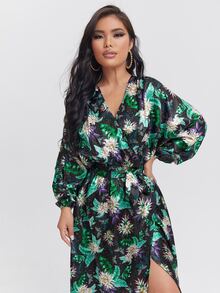 Daniela Castro 熱帶圖案燈籠袖圍裹側打結連衣裙 - 彩色 - 查看 3