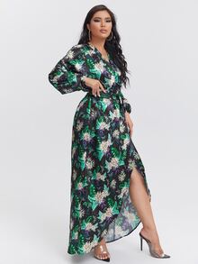 Daniela Castro 熱帶圖案燈籠袖圍裹側打結連衣裙 - 彩色 - 查看 4