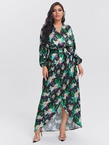 Daniela Castro 熱帶圖案燈籠袖圍裹側打結連衣裙 - 彩色 - 查看 5