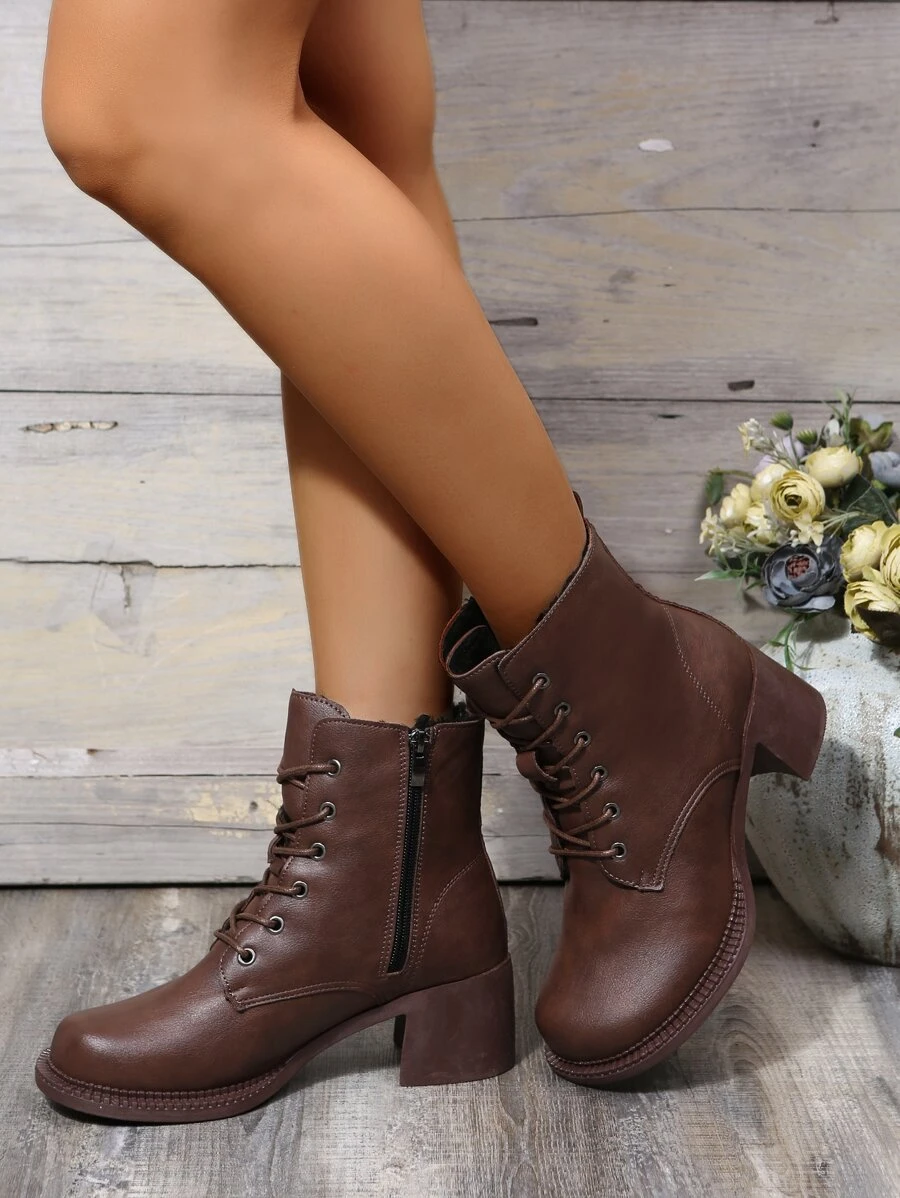 Side Zip Combat Boots - Brown - View 1