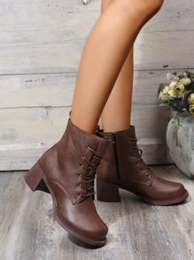 Side Zip Combat Boots - Brown - View 2