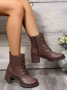 Side Zip Combat Boots - Brown - View 4