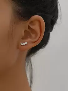 方晶鋯石裝飾耳釘 - 銀色 - 查看 1