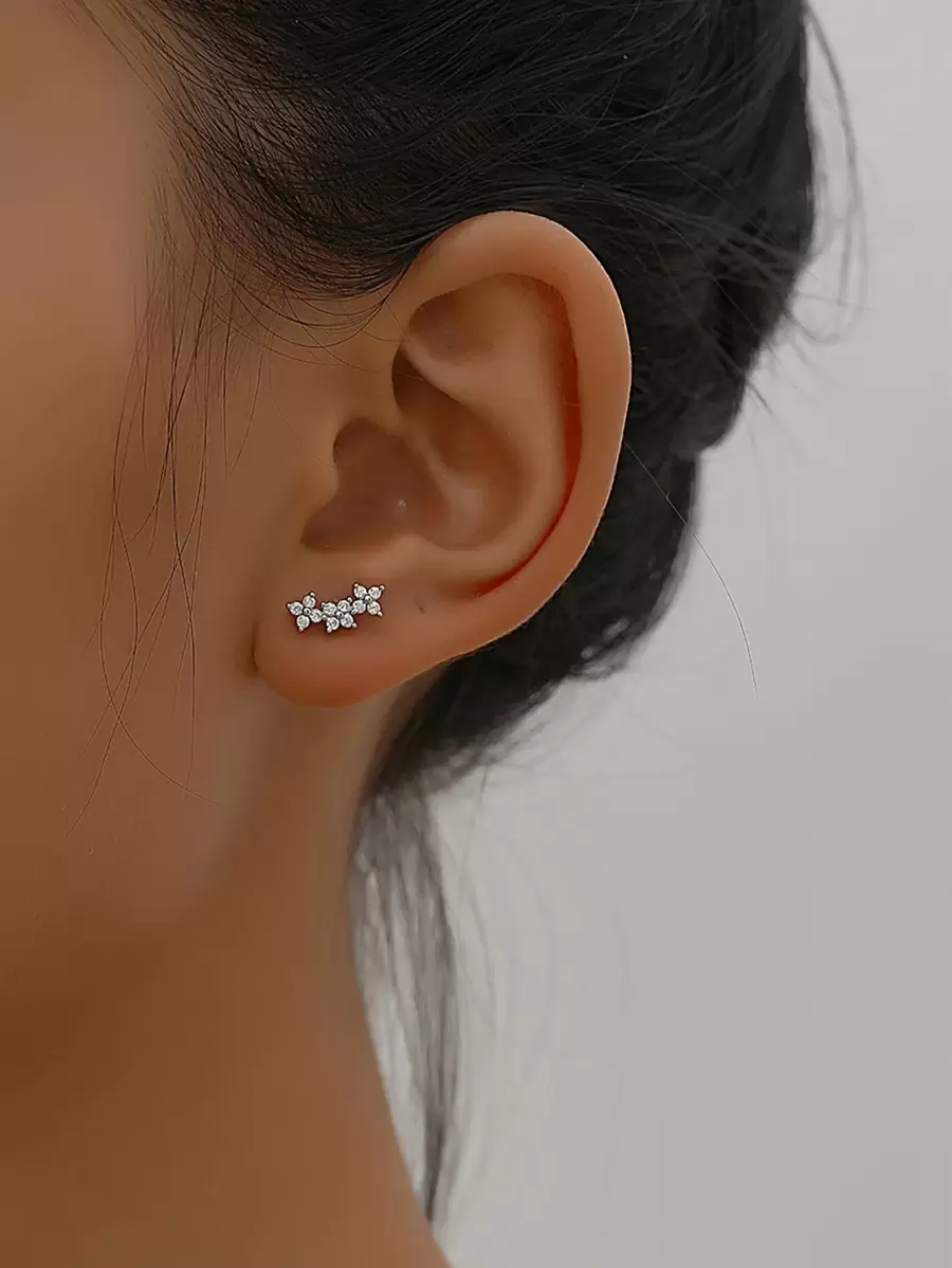 方晶鋯石裝飾耳釘 - 銀色 - 查看 1
