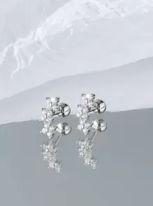 方晶鋯石裝飾耳釘 - 銀色 - 查看 2