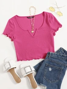 SHEIN EZwear Plus Notch Neck Lettuce Edge Tee - Red Violet - View 1