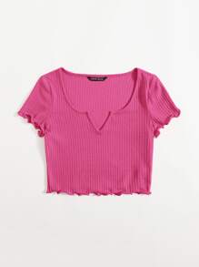 SHEIN EZwear Plus Notch Neck Lettuce Edge Tee - Red Violet - View 3