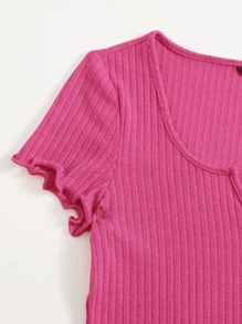 SHEIN EZwear Plus Notch Neck Lettuce Edge Tee - Red Violet - View 4