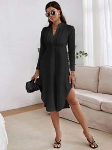 Chiquease Vestido camisero bajo curvo - Negro - Ver 3