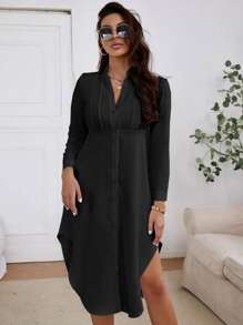 Chiquease Vestido camisero bajo curvo - Negro - Ver 5