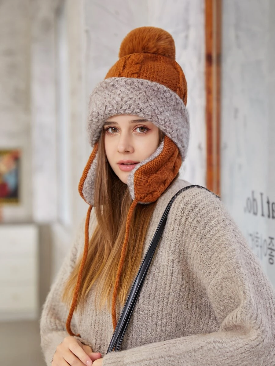 Mũ đan trang trí Pom Pom - màu nâu - Xem 1