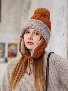 Mũ đan trang trí Pom Pom - màu nâu - Xem 3