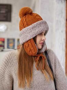 Mũ đan trang trí Pom Pom - màu nâu - Xem 4