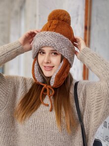 Mũ đan trang trí Pom Pom - màu nâu - Xem 5