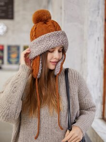 Mũ đan trang trí Pom Pom - màu nâu - Xem 7