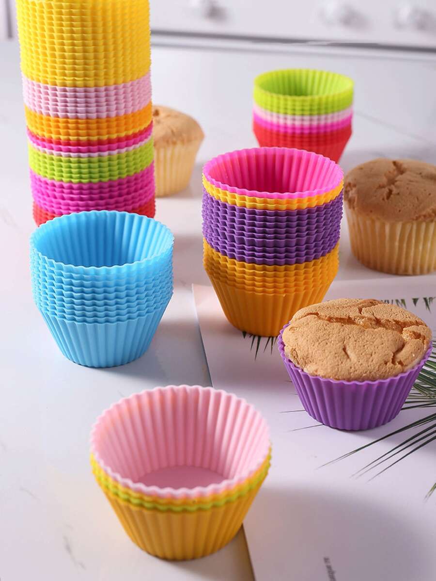 6入組隨機顏色矽膠蛋糕模具圓形鬆餅紙杯蛋糕烘焙模具可重複使用的DIY蛋糕裝飾工具婚禮生日派對裝飾品