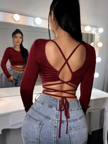 SHEIN SXY Solid Criss Cross Backless Tee - Burgundy - View 1