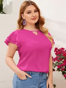 SHEIN Clasi 大碼鎖眼領口多層蝴蝶袖上衣 - 玫紅色 - 查看 1