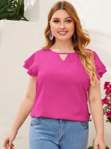 SHEIN Clasi 大碼鎖眼領口多層蝴蝶袖上衣 - 玫紅色 - 查看 4