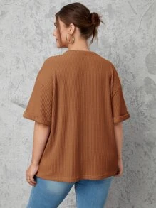 SHEIN Essnce 大碼落肩袖素色T恤 - 棕色 - 查看 2
