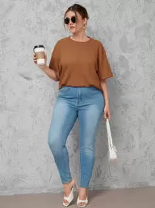 SHEIN Essnce 大碼落肩袖素色T恤 - 棕色 - 查看 3