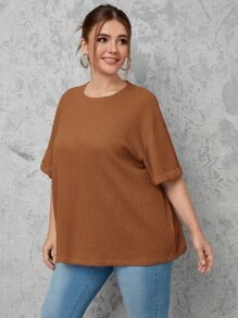 SHEIN Essnce 大碼落肩袖素色T恤 - 棕色 - 查看 4