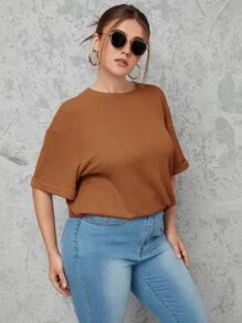 SHEIN Essnce 大碼落肩袖素色T恤 - 棕色 - 查看 5