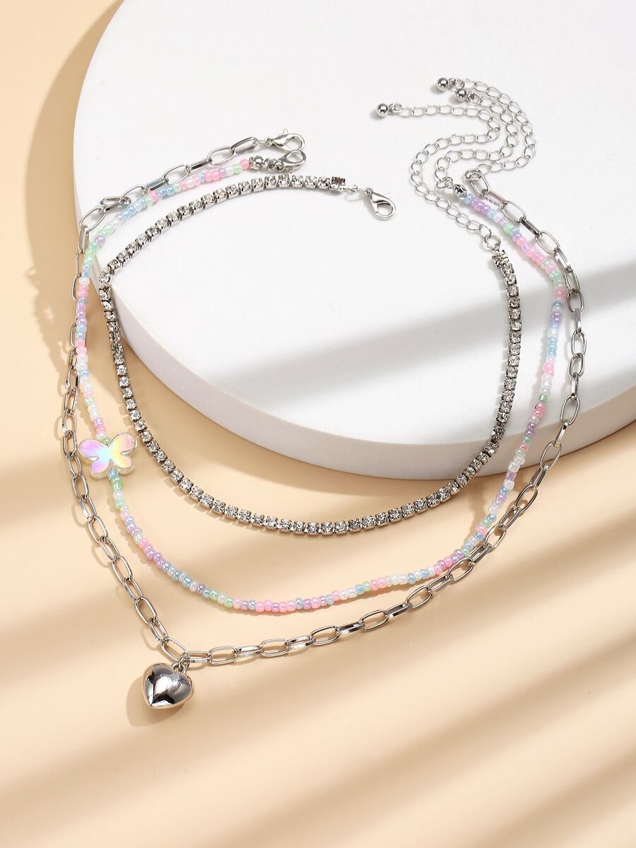 3 piezas Collar con accesorio de corazón - Plateado - Ver 1