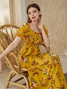 Seusyu Floral Square Neck Shirred A-Line Dress Maxi Women Outfit