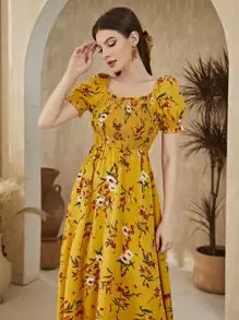 Seusyu Floral Square Neck Shirred A-Line Dress Maxi Women Outfit