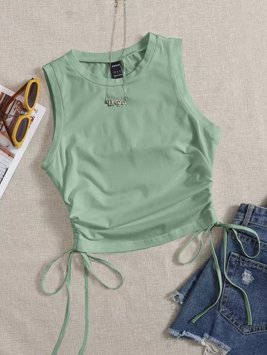 SHEIN EZwear Drawstring Ruched Side Crop Tank Top - Mint Green - View 1