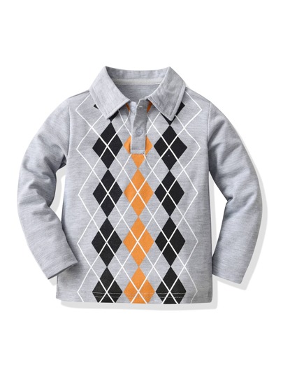 SHEIN Young Boy Argyle Print Polo Shirt Chic Outfits For Autumn/Winter