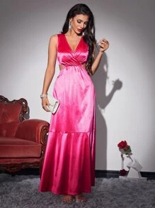 Ruffle Hem Overlap Collar Cut Out Waist Satin Dress - Hot Pink - View 1