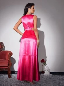 Ruffle Hem Overlap Collar Cut Out Waist Satin Dress - Hot Pink - View 2