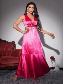 Ruffle Hem Overlap Collar Cut Out Waist Satin Dress - Hot Pink - View 3