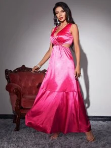Ruffle Hem Overlap Collar Cut Out Waist Satin Dress - Hot Pink - View 4