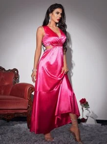 Ruffle Hem Overlap Collar Cut Out Waist Satin Dress - Hot Pink - View 6